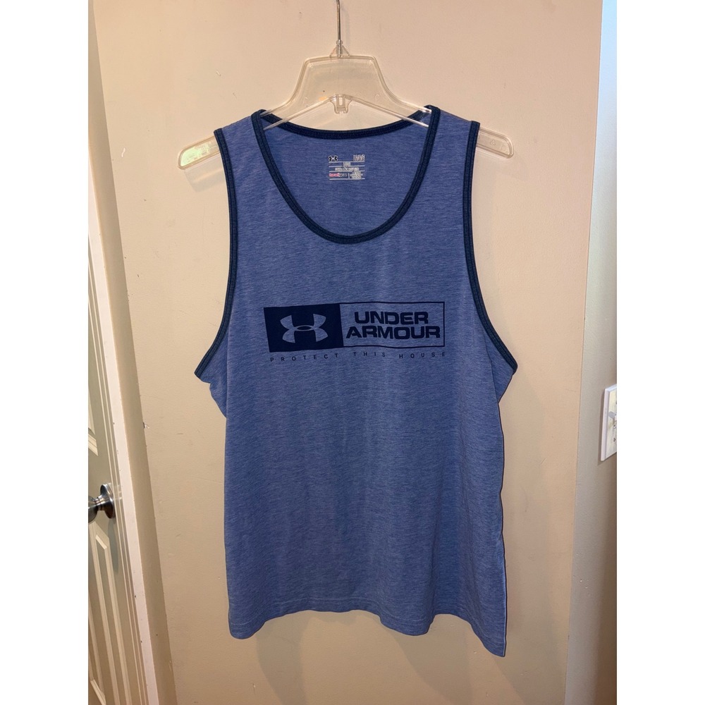 Under Armour HeatGear Mens Loose Fit Tank Top Heather Blue Large Graphic Logo